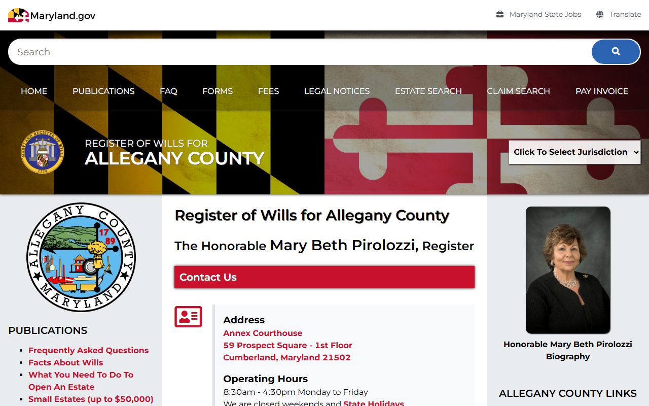 Allegany County probate court records Register of Wills office page