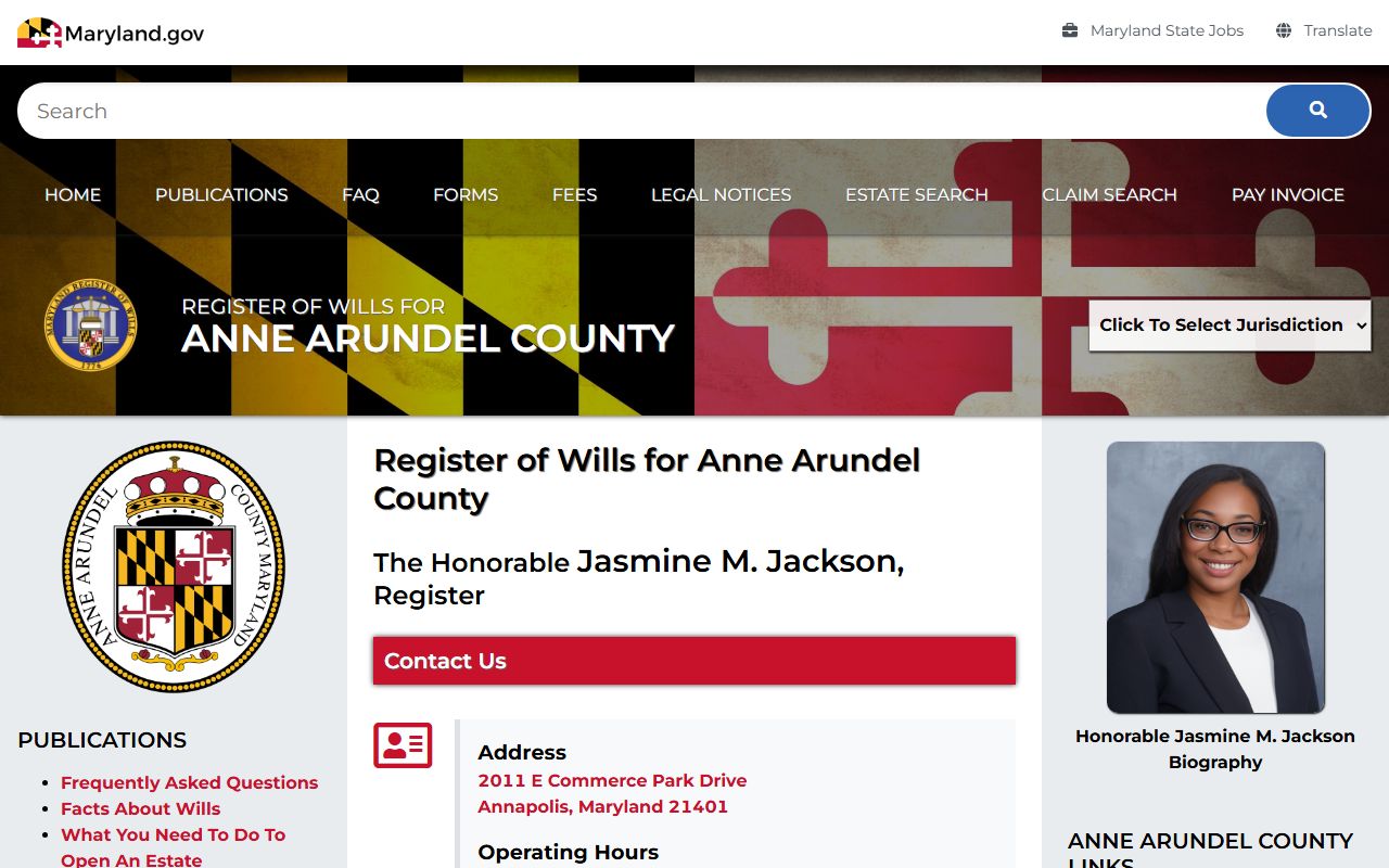 Anne Arundel County probate court records Register of Wills page