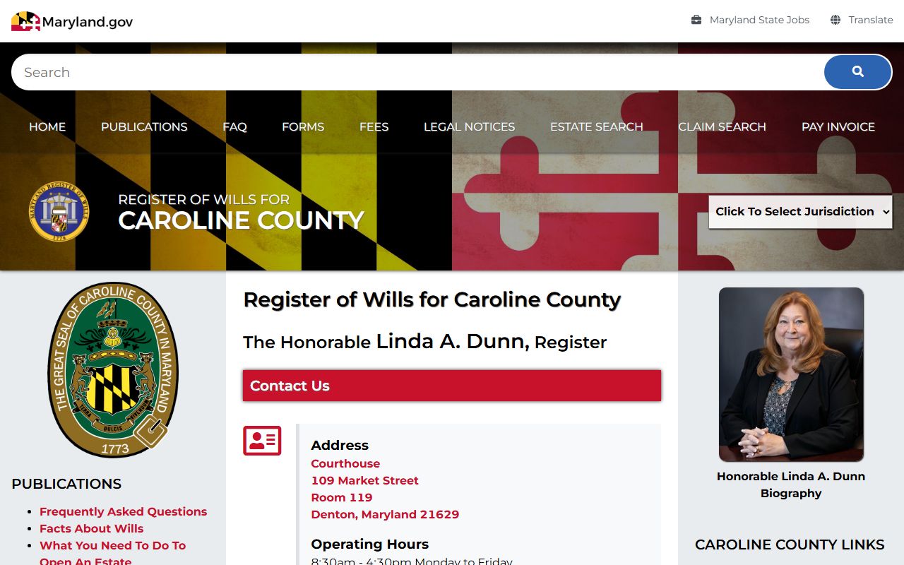 Caroline County probate court records Register of Wills office page