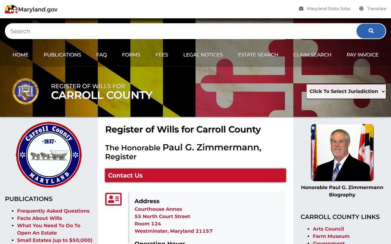 Carroll County probate court records Register of Wills office page