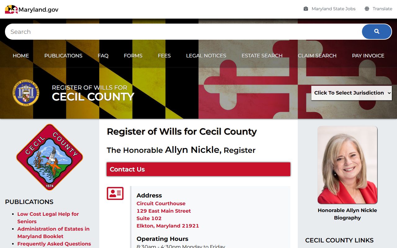 Cecil County Register of Wills office page for probate court records