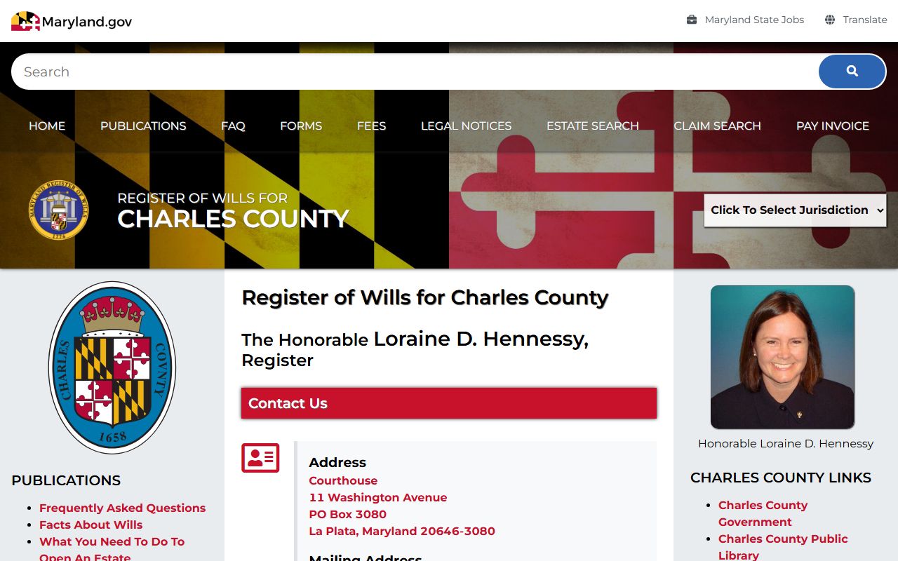 Charles County Register of Wills office page for probate court records
