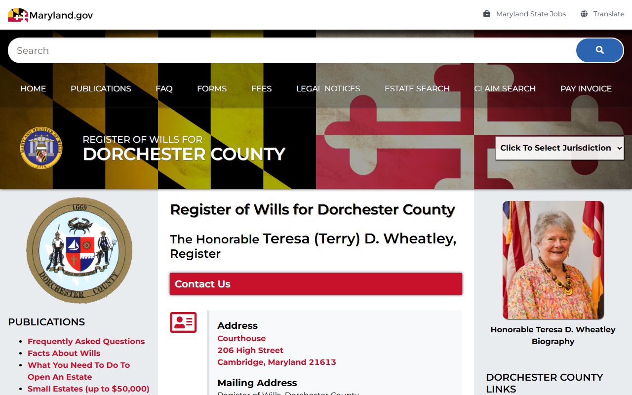 Dorchester County Register of Wills office page for probate court records