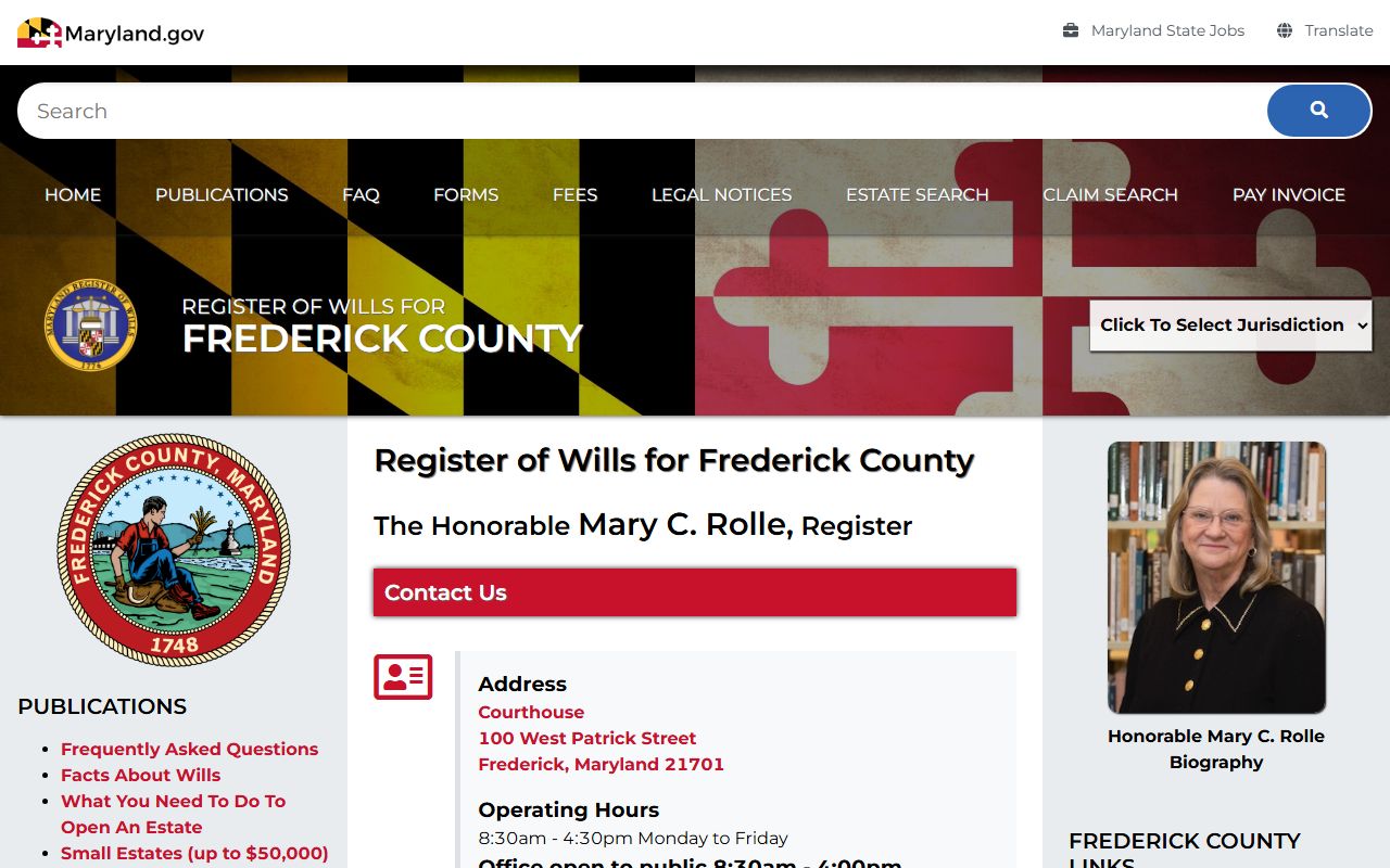 Frederick County Register of Wills office page for probate court records