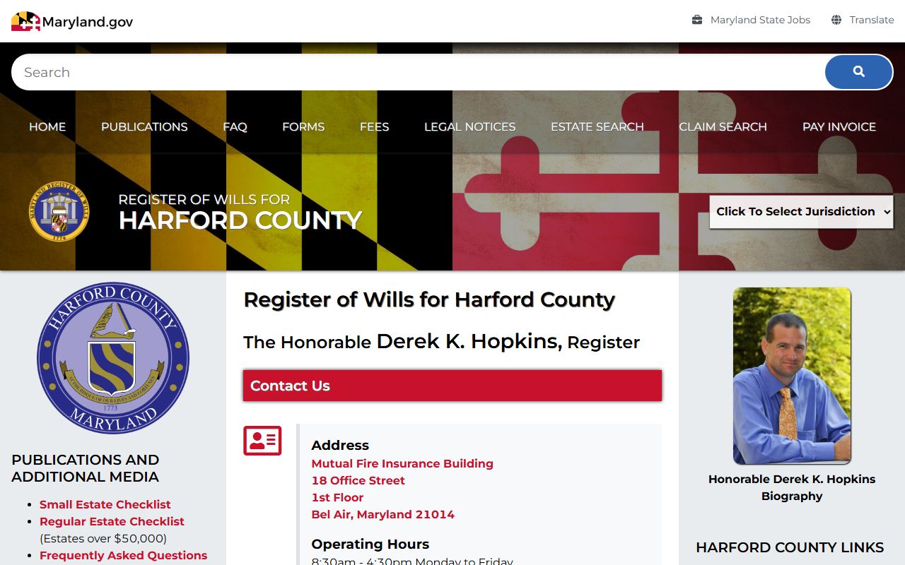 Harford County Register of Wills office page for probate court records