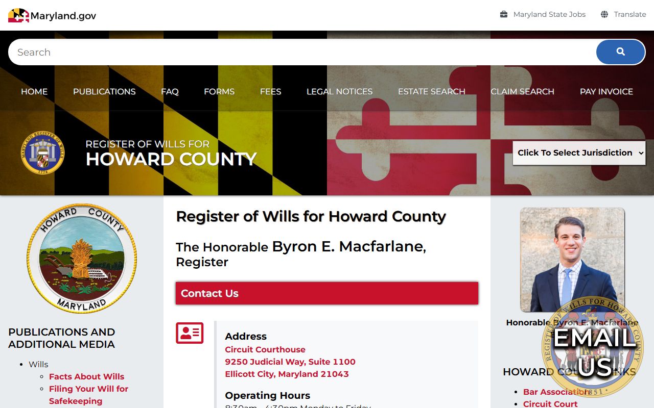 Howard County Register of Wills website for probate court records