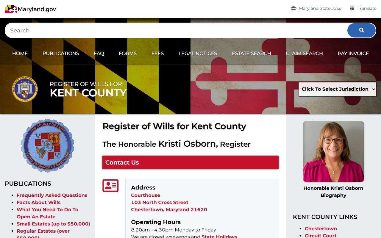 Kent County Register of Wills website for probate court records