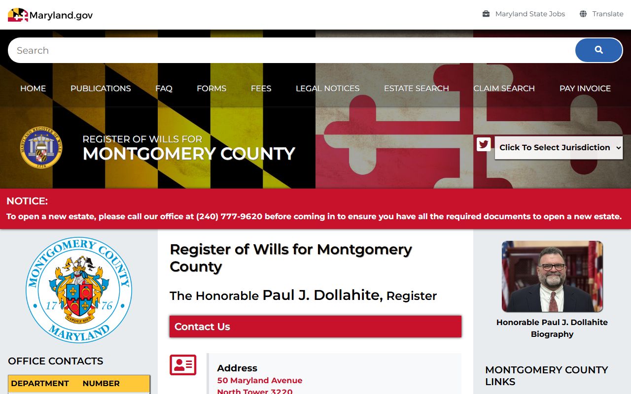 Montgomery County Register of Wills website for probate court records