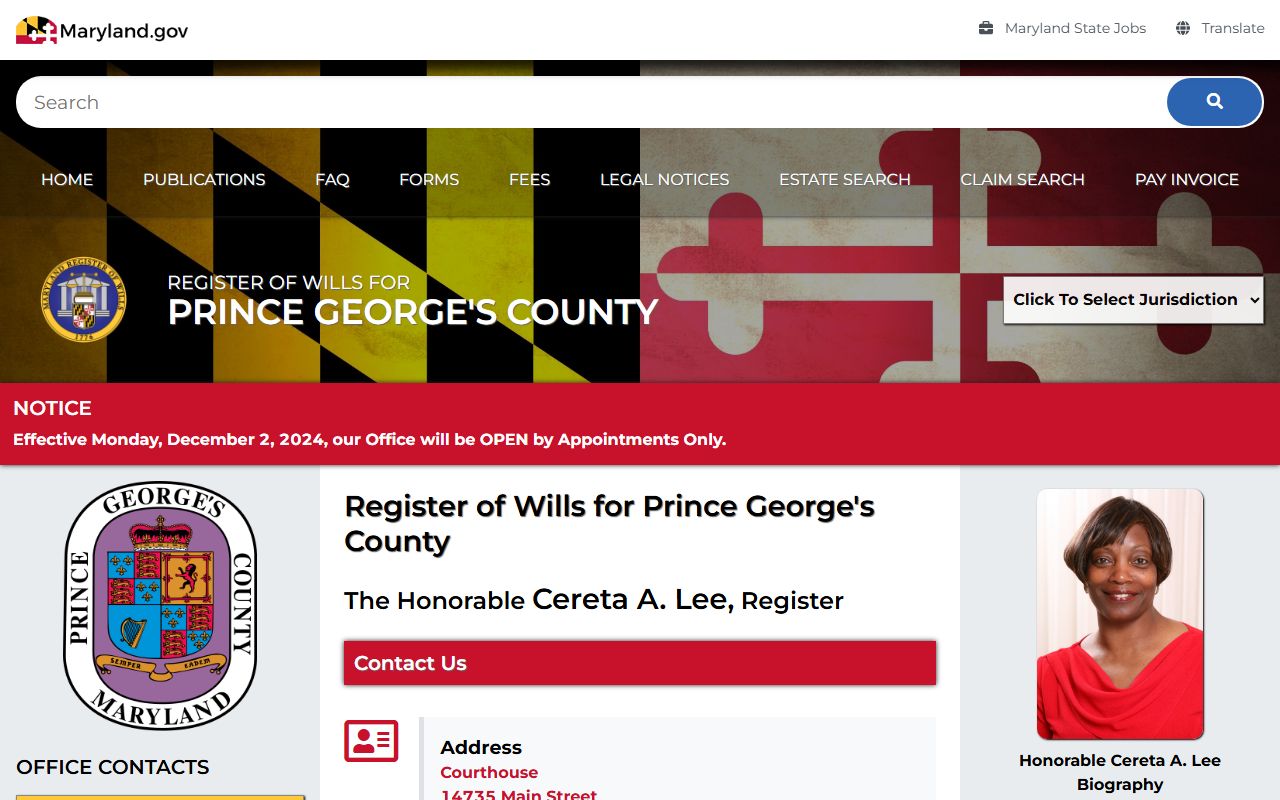 Prince George's County Register of Wills website for probate court records