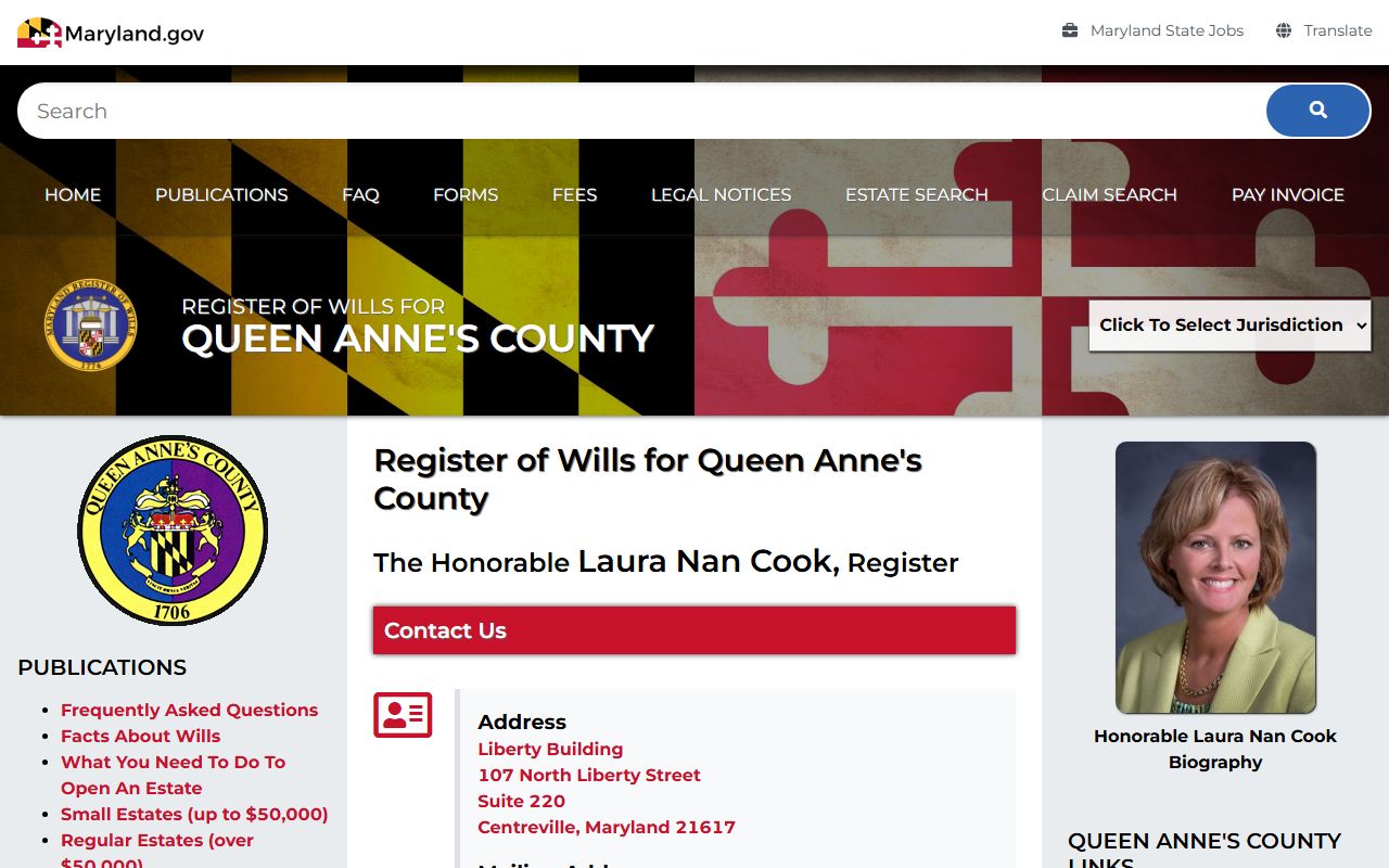 Queen Anne's County Register of Wills website for probate court records