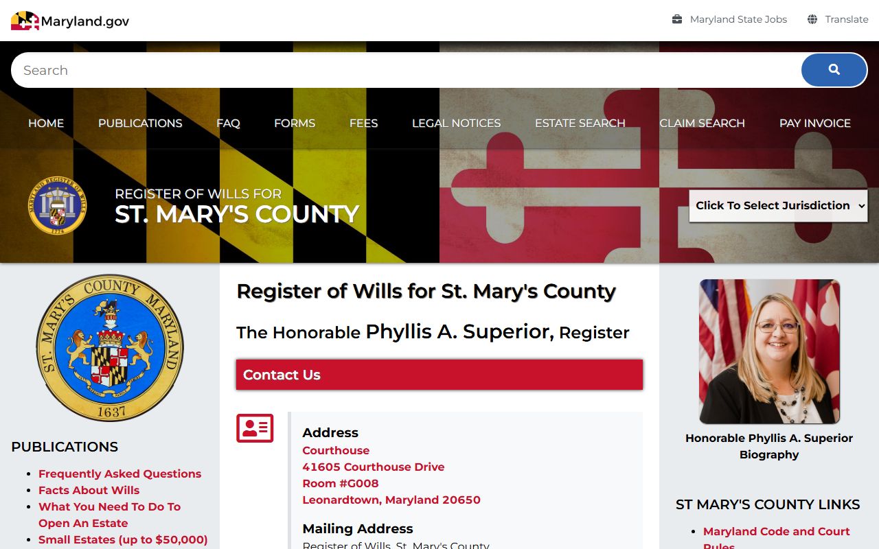 St. Mary's County Register of Wills website for probate court records