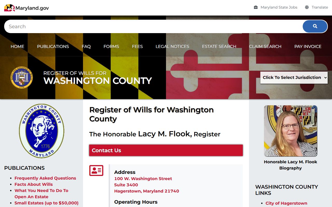 Washington County Register of Wills office page for probate court records