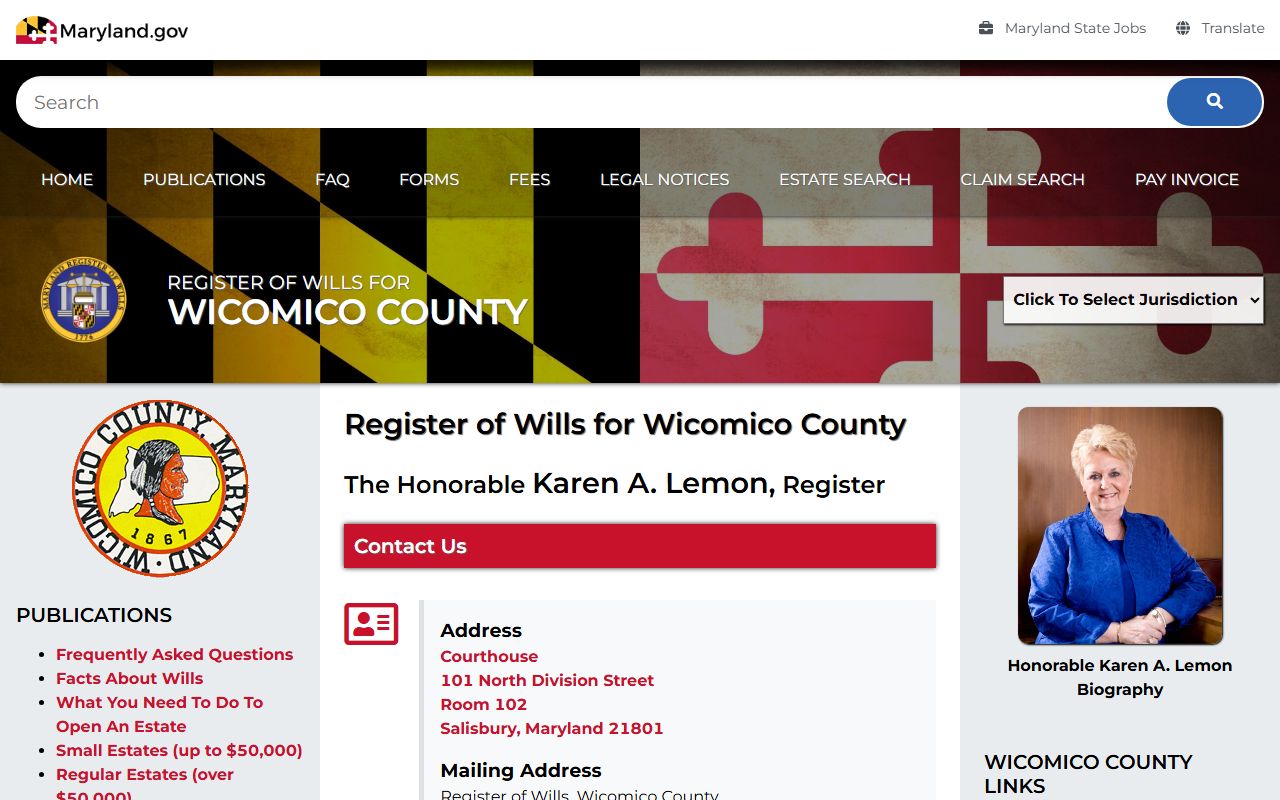 Wicomico County Register of Wills office page for probate court records