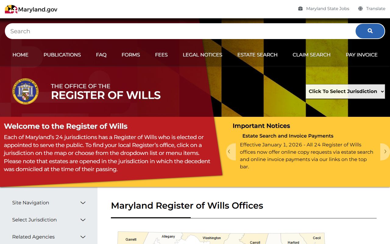 Maryland Register of Wills probate court records search portal